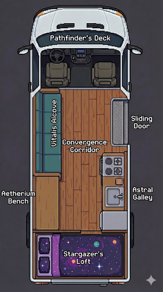The Digital Aqualerian — labelled deck plan: Pathfinder's Deck, Vitalis Alcove, Convergence Corridor, Astral Galley, Aetherium Bench, Stargazer's Loft